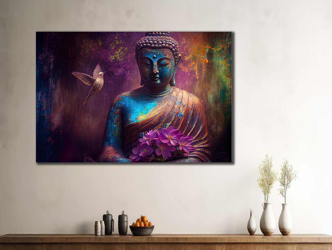 Colorful Buddha Orchids Hummingbird Vibrant Spiritual Wall Art Print - Image 2