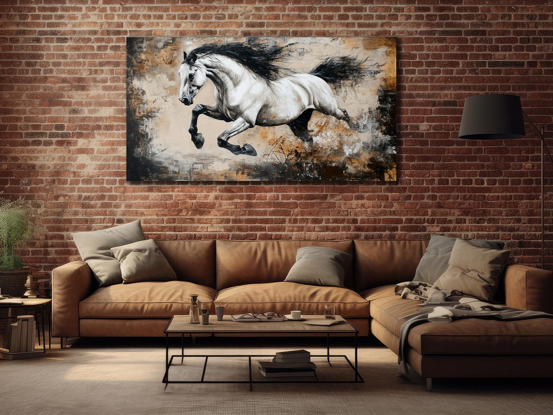 White Horse Galloping Textured Beige Modern Wildlife Art Poster