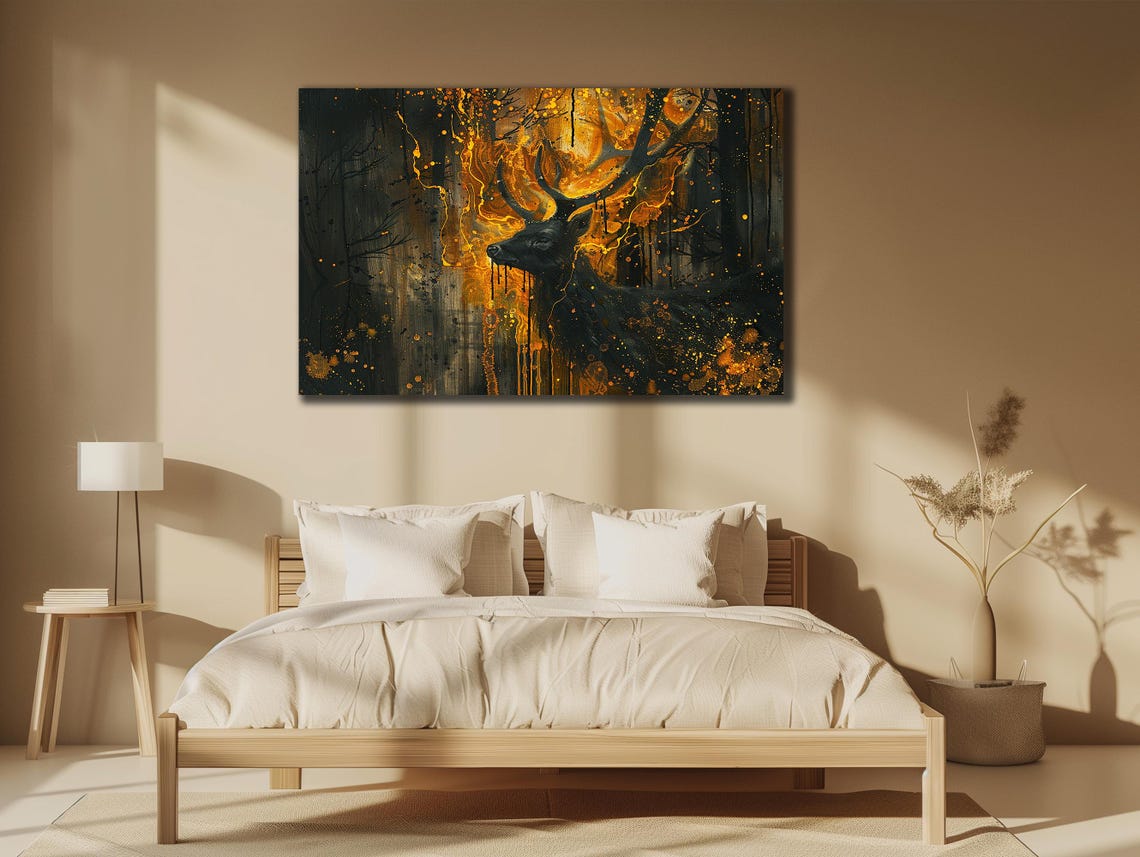 Dark Forest Deer Stag Golden Antlers Moody Black Gold Wildlife Poster