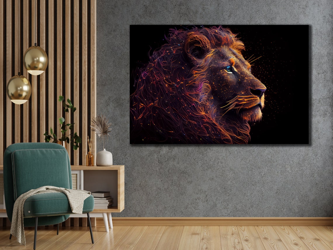 Fiery Lion Profile Orange Particle Swirls Black Background Art Poster - Image 2