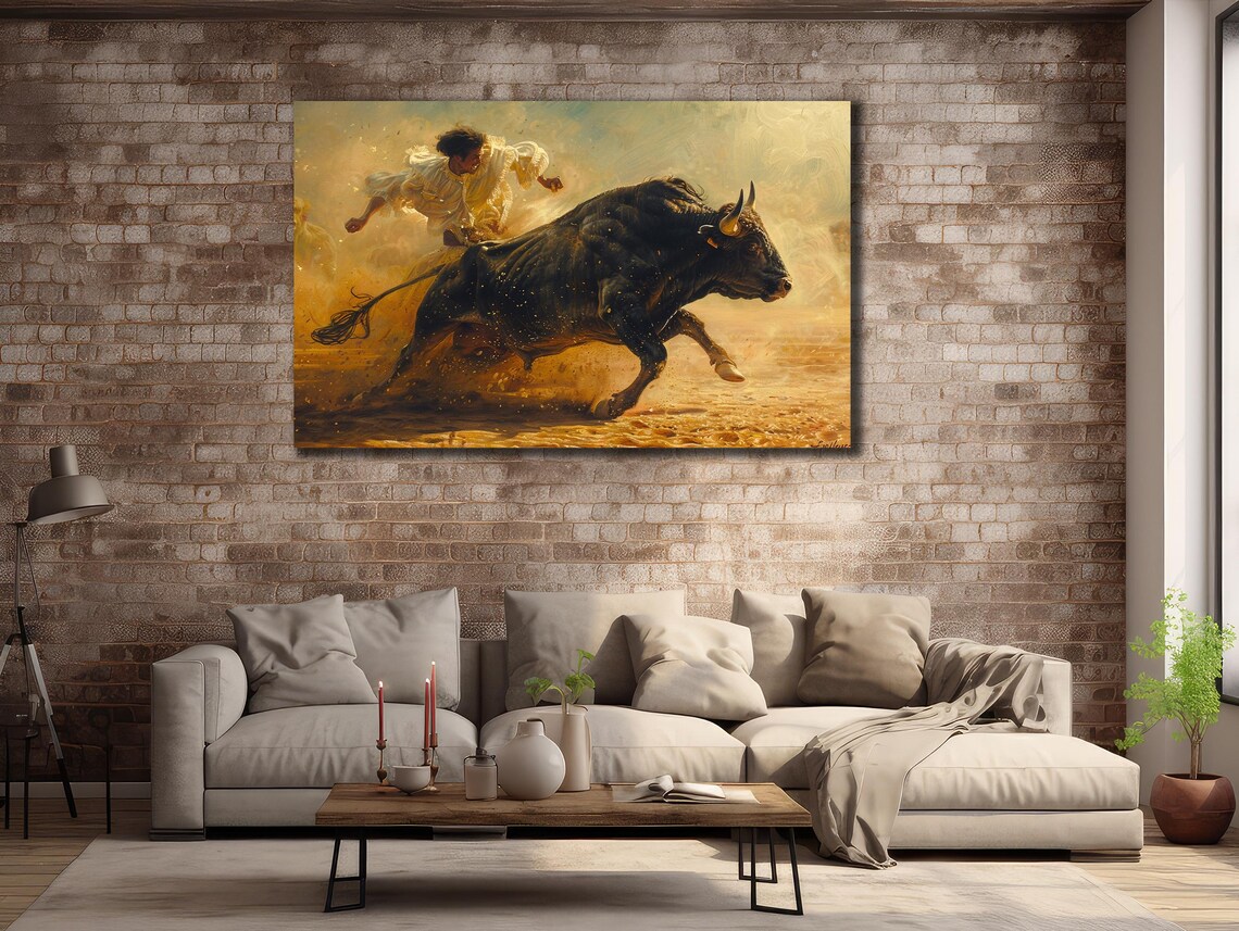 Bullfight Matador with Charging Black Bull Dusty Arena Art Poster