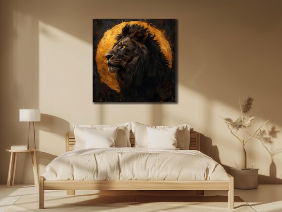 Black Lion Golden Moon Halo Majestic Night King Fierce Wildlife Poster