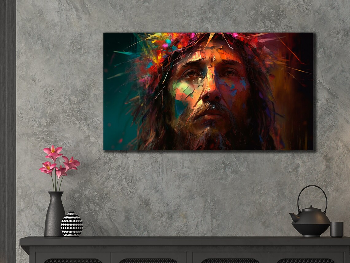 Jesus Christ Crown of Thorns Colorful Modern Painting Religious Wall Art Poster - Image 3