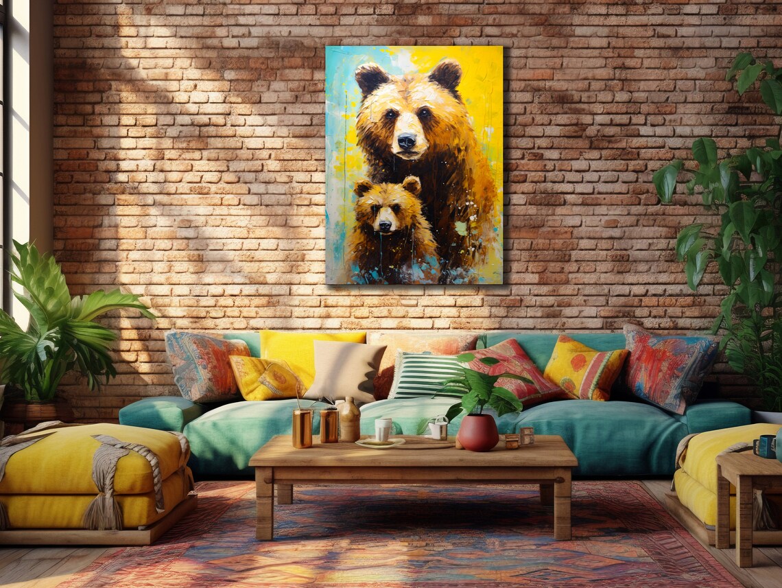 Brown Bear and Cub Colorful Abstract Wildlife Painting Family Wall Art Poster - Image 2