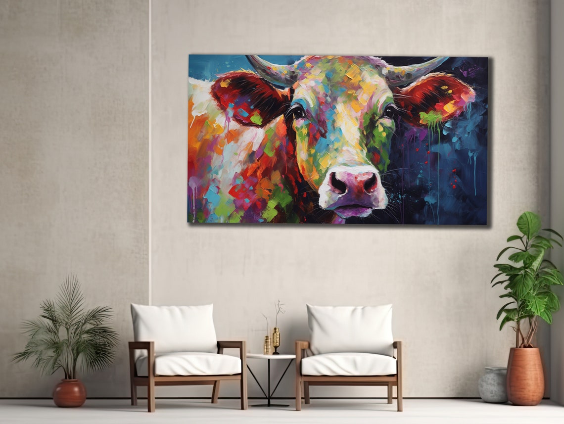 Colorful Cow Printing Cow Wall Decor Abstract Animal Wall Art Painting On Colorful Animal Art Farmhouse For Gifts - Image 2