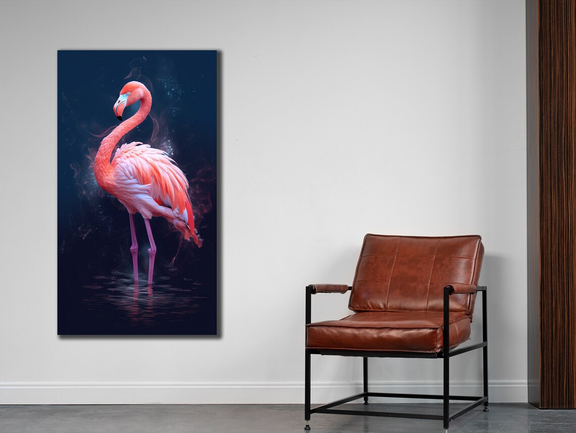 Pink Flamingo Night Water Glowing Tropical Bird Wall Art Poster