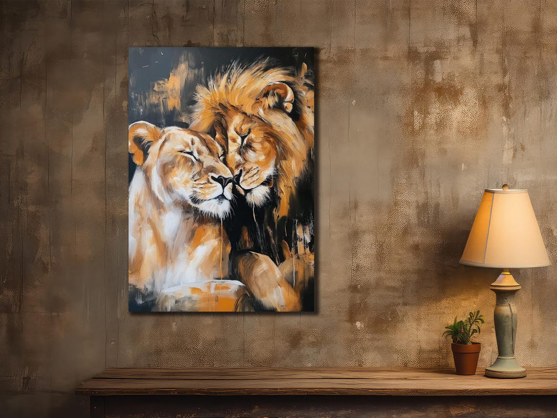 Lion And Lioness Print Brown Lion Family Painting Art House Gift Ideas Farmhouse Wall Decor Animals Wall Art Couple Lion Poster