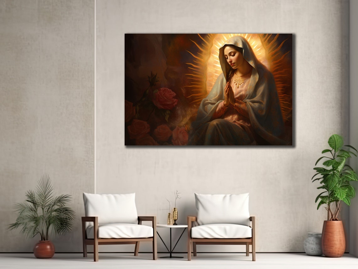 Praying Virgin Mary Roses Golden Light Catholic Wall Art Poster - Image 3