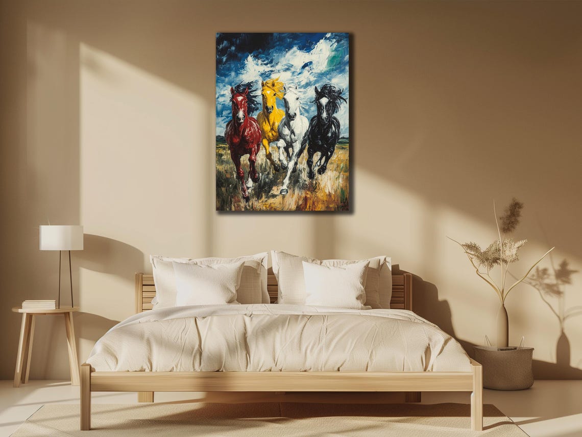 Four Running Horses Colorful Gallop Wild Herd Dynamic Wall Art Poster