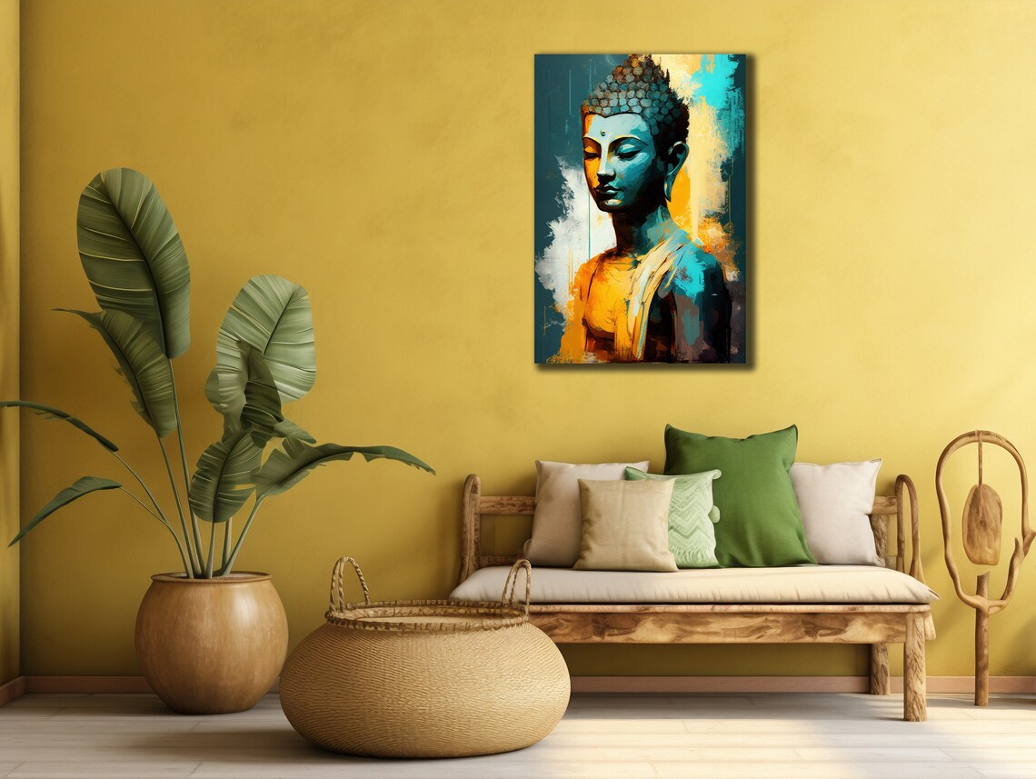 Blue Gold Buddha Bust Portrait Spiritual Painting Decor Wall Poster - Image 2