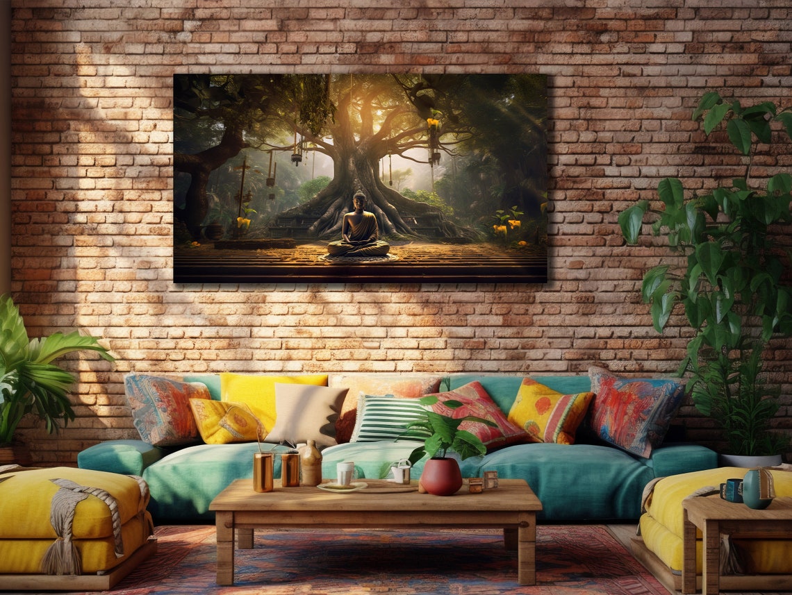 Buddha Meditating Under Sacred Tree Golden Light Zen Wall Art Poster - Image 3