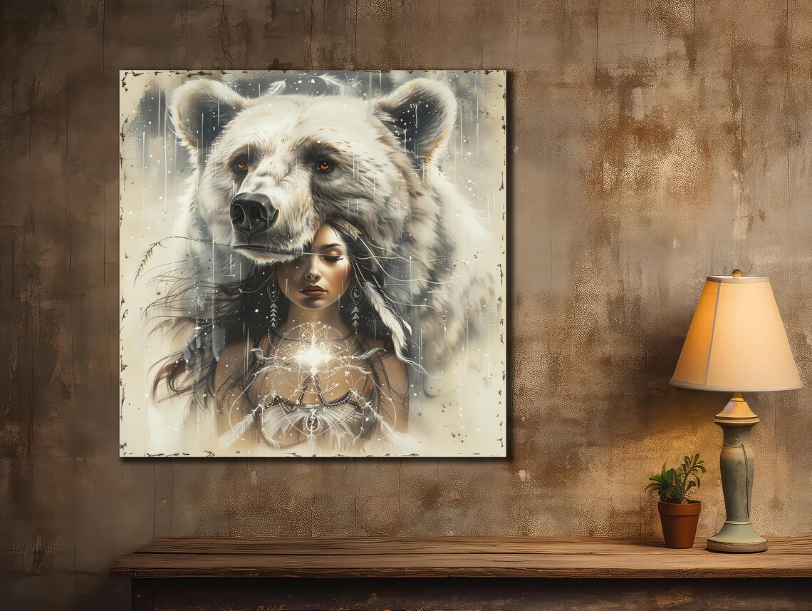 Polar Bear and Woman Fantasy Portrait Snowy White Dreamlike Art Print