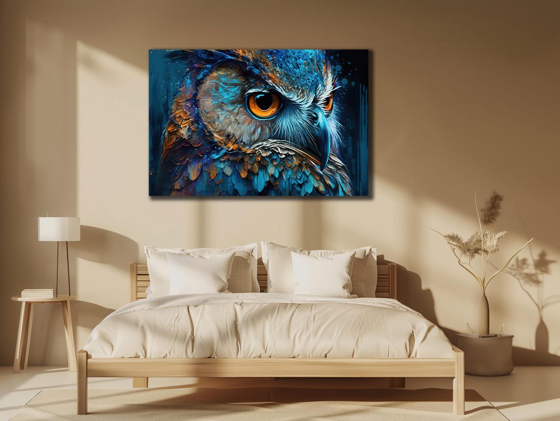 Blue Owl Close-Up Portrait Cobalt Feathers Piercing Eyes Art Poster - Image 3