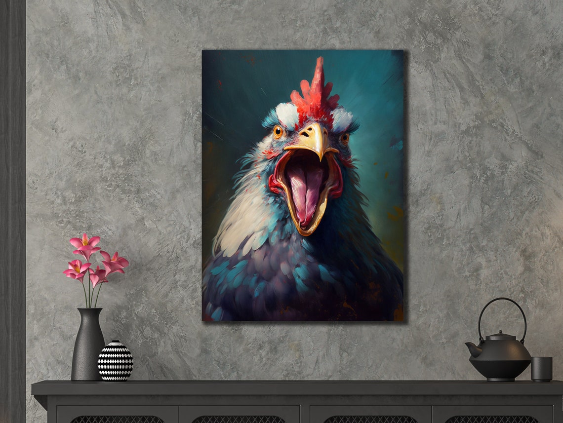 Screaming Colorful Rooster Portrait Funny Farm Bird Art Poster