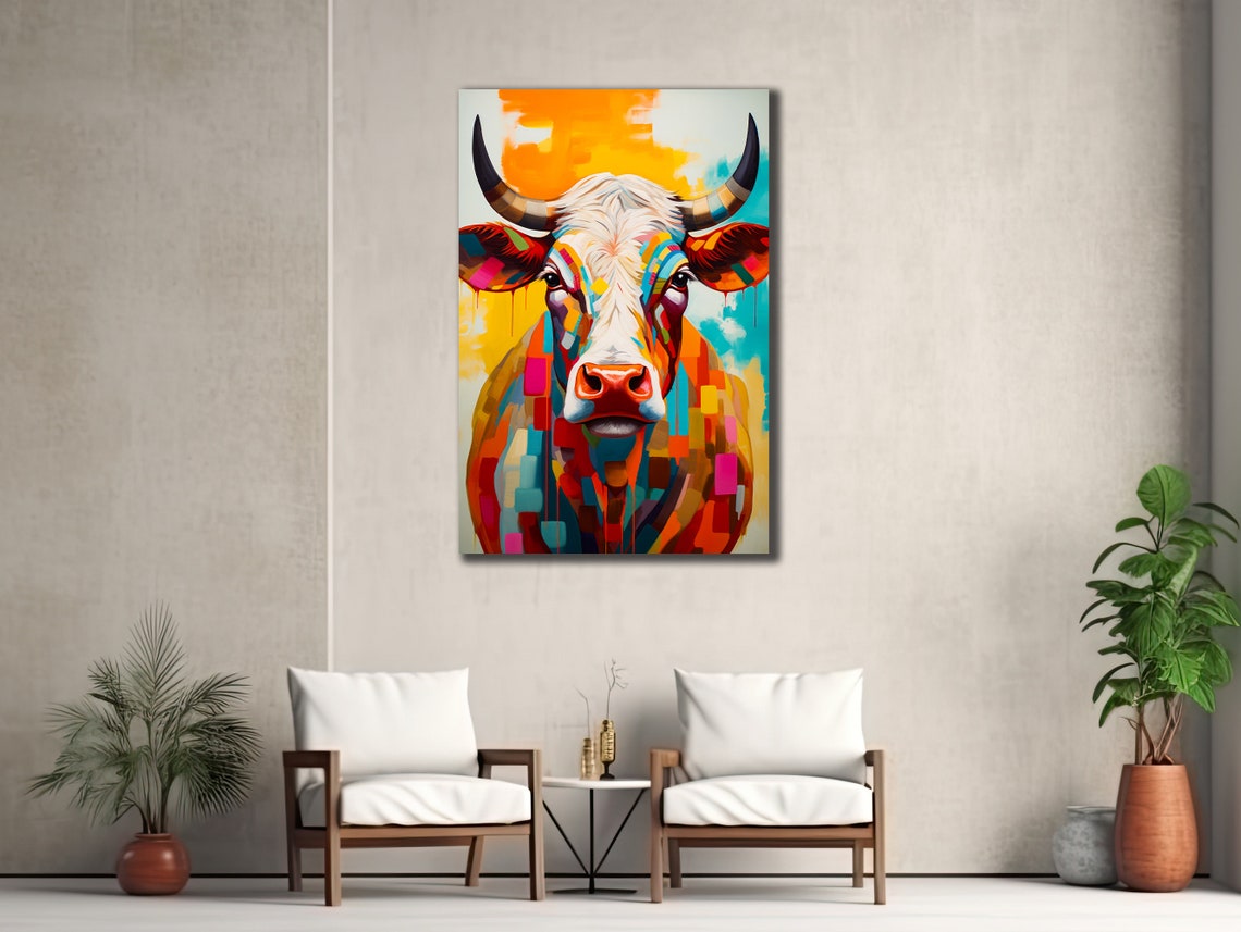 Colorful Cow Printing Cow Wall Decor Abstract Animal Wall Art Painting On Colorful Animal Art Farmhouse For Gifts