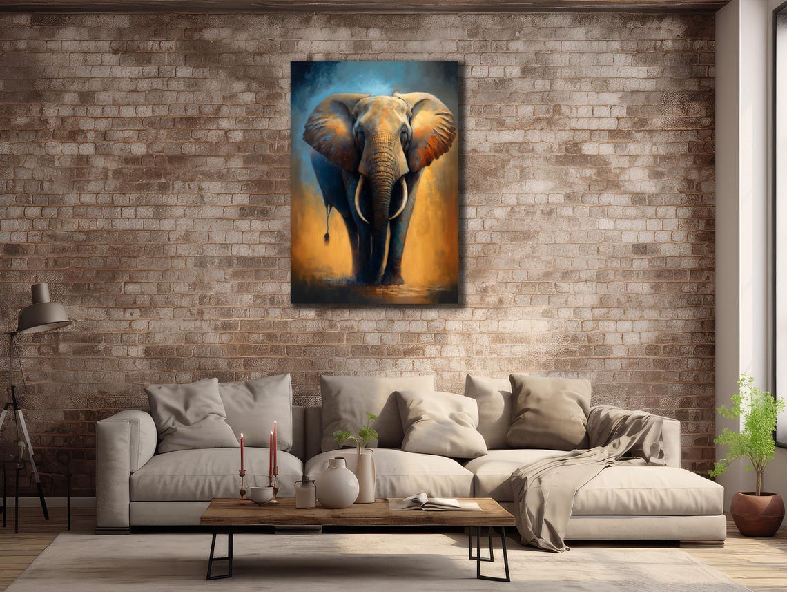 Elephant Facing Forward Orange Blue Abstract Painting Art Poster - Image 2