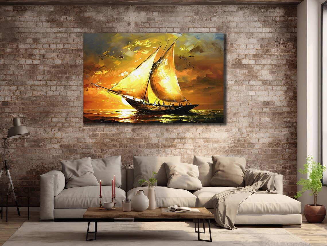 Golden Sailing Ship Sunset Sea Fiery Orange Ocean Oil Painting Poster - Image 2