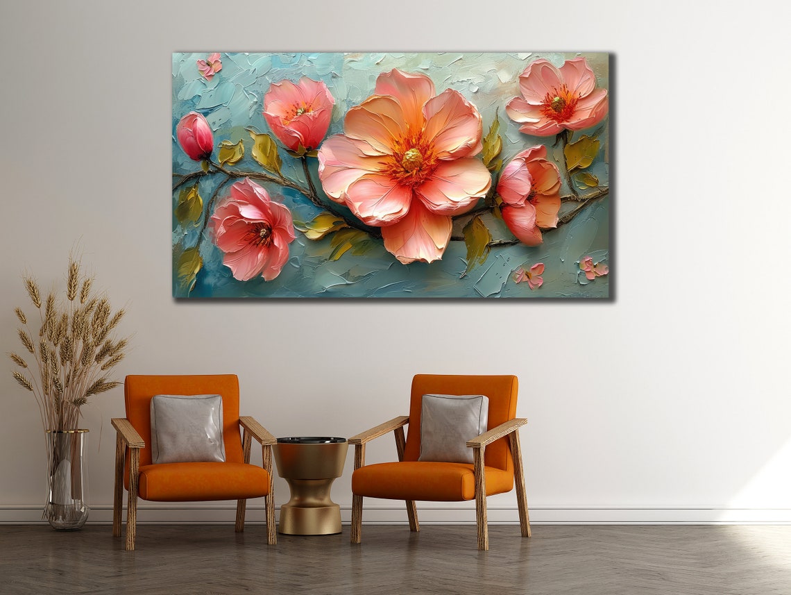 Pink Peony Blossoms On Branch Pale Blue Impasto Floral Poster