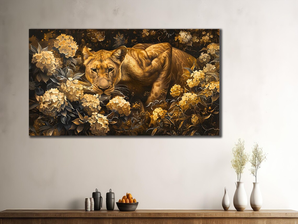 Golden Big Cat Hidden Blooming Flowers Dark Floral Wildlife Poster - Image 3