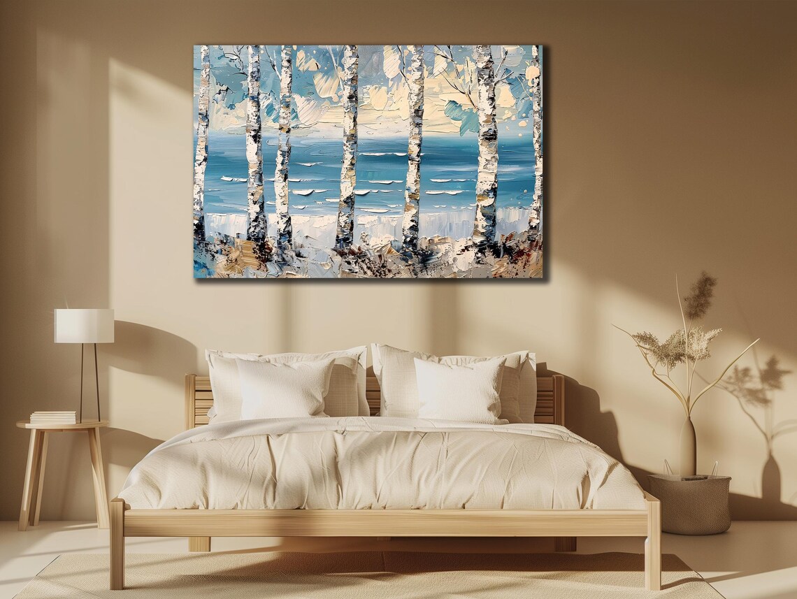 Birch Trees Winter Blue Sea Impasto Landscape Painting Travel Poster