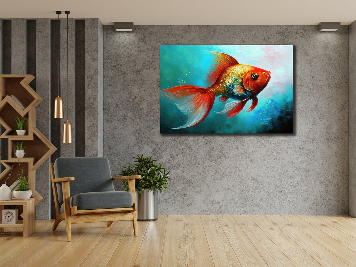 Orange Goldfish Flowing Silk Fins Teal Underwater Wall Art Print - Image 3