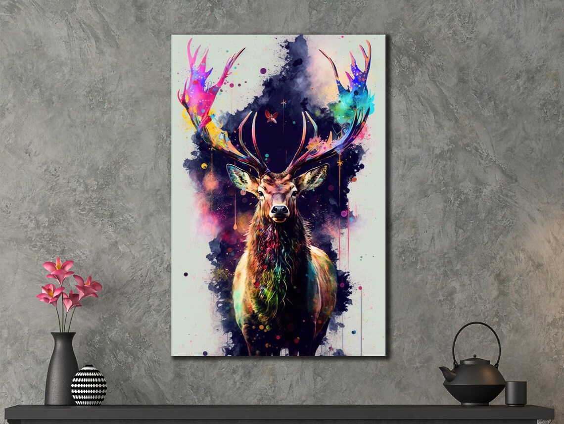 Deer Colorful Splash Antlers Watercolor Galaxy Wall Art Print - Image 2