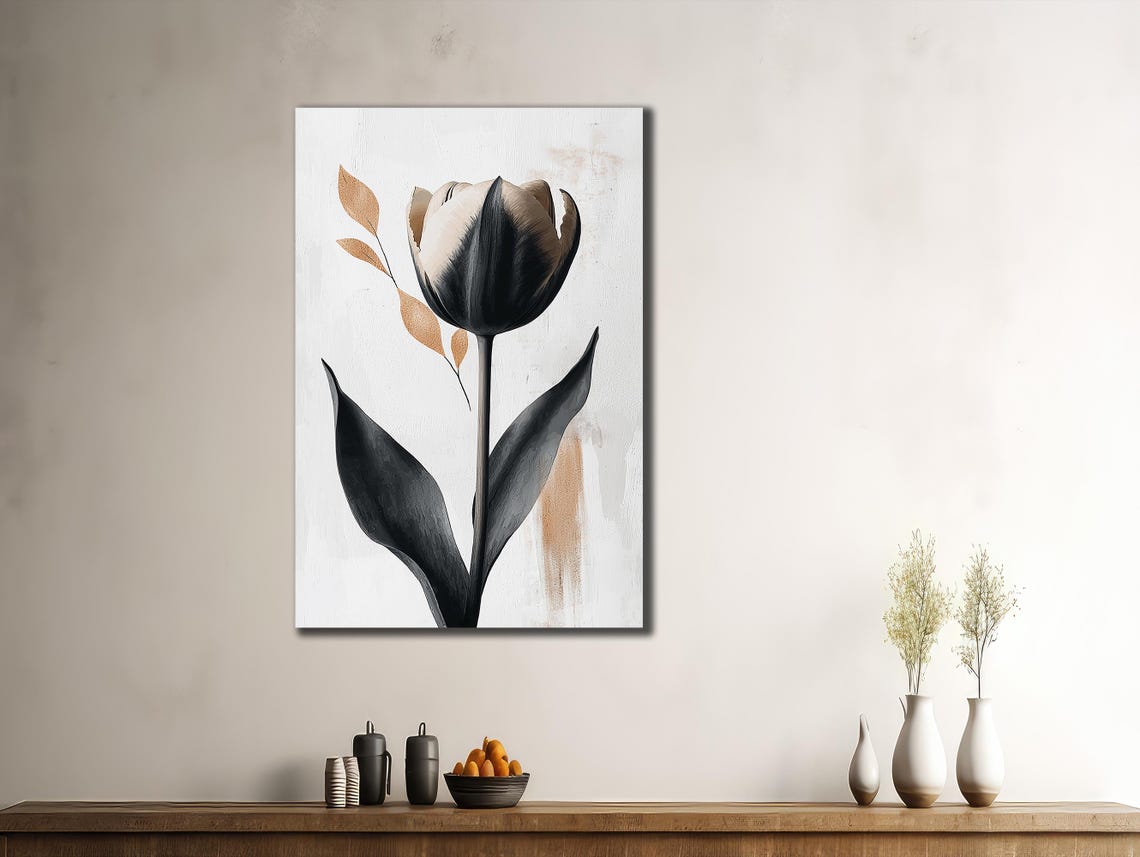 Black Tulip Minimalist Gold Accent Botanical Elegant Art Wall Poster - Image 3