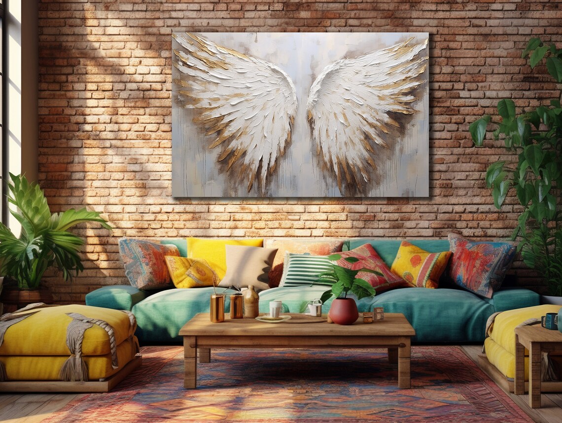 White Gold Angel Wings Impasto Painting On Light Gray Serene Poster - Image 3