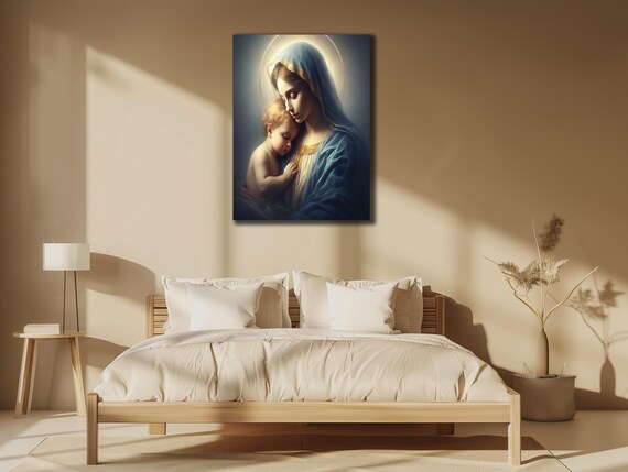 Virgin Mary Tender Embrace Baby Jesus Blue Veil Devotional Wall Art Print Poster