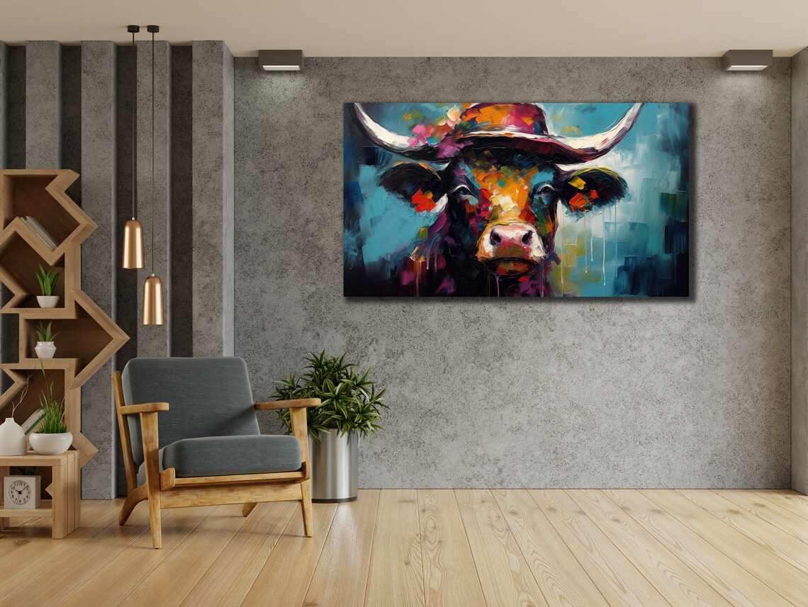 Colorful Longhorn Bull Wearing Hat Pop Art Animal Portrait Poster - Image 3