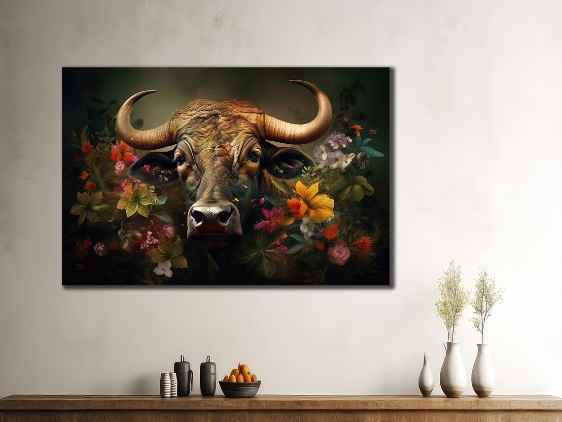 Bull Head Blooming Flowers Dark Moody Floral Animal Wall Art Print - Image 3