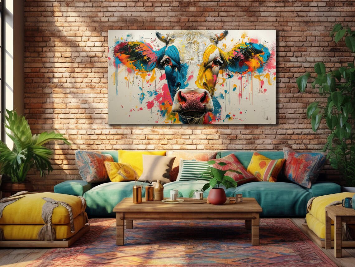 Colorful Cow Abstract Animal Art Print, Farmhouse
