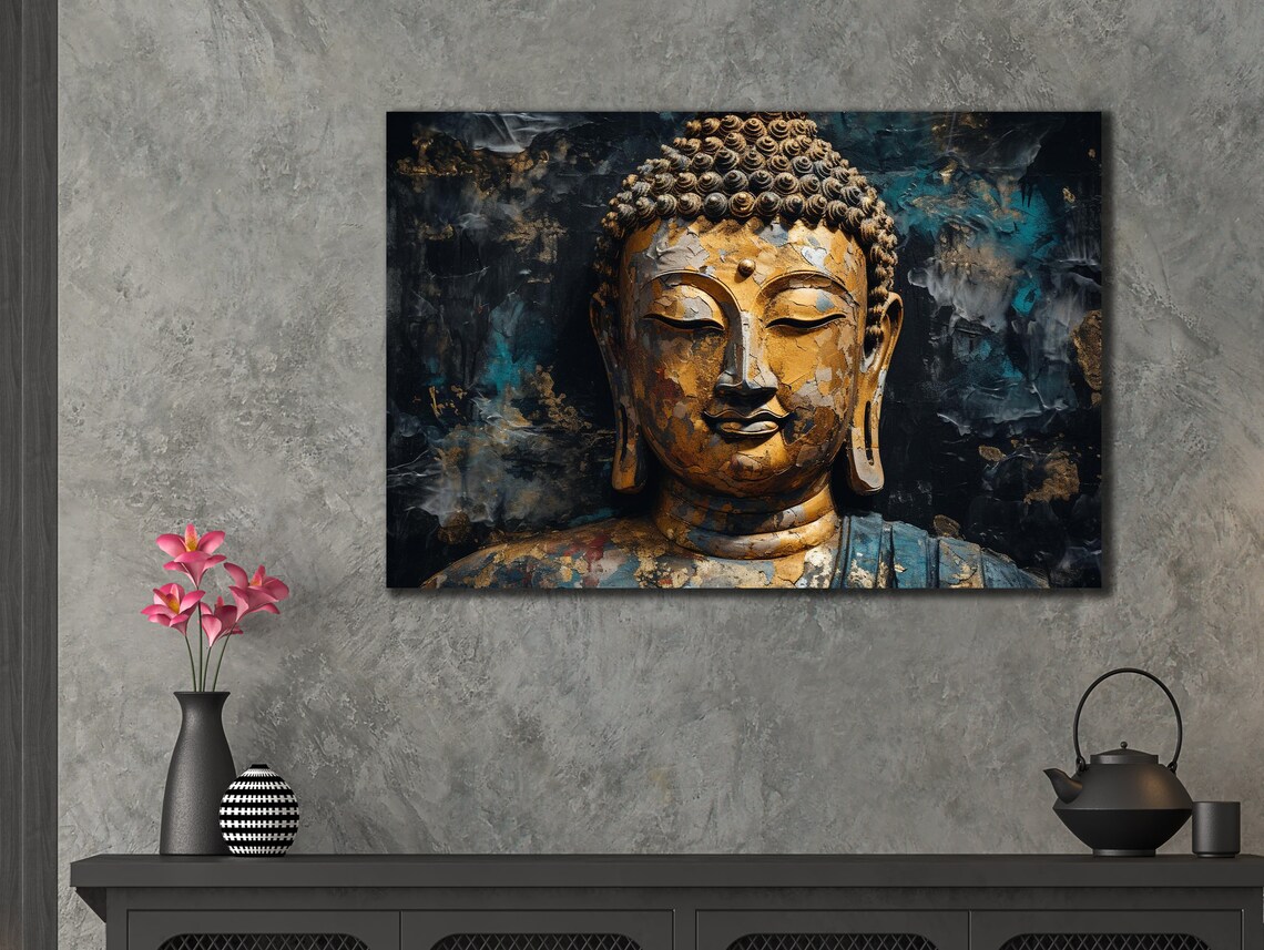 Golden Buddha Face Blue Gold Abstract Spiritual Painting Wall Art Poster - Image 3