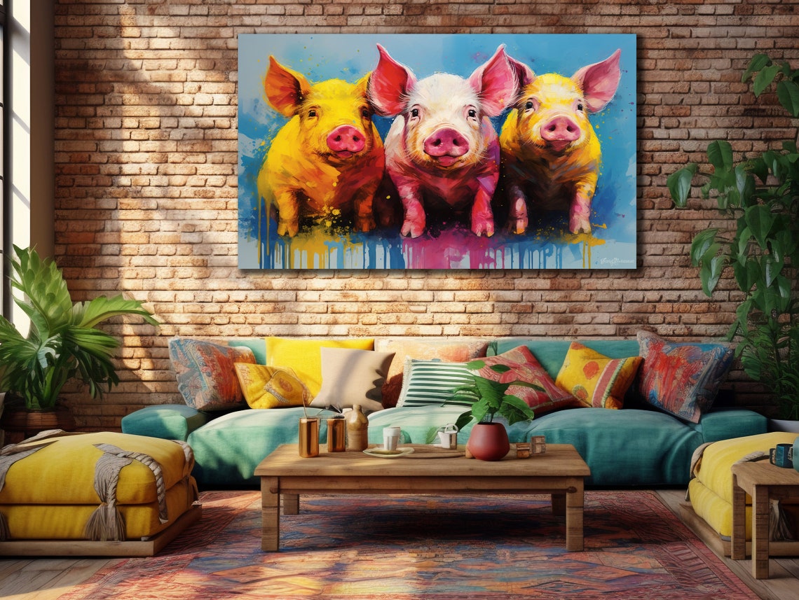 Three Colorful Piglets Pop Art Trio Cute Farm Animal Wall Poster