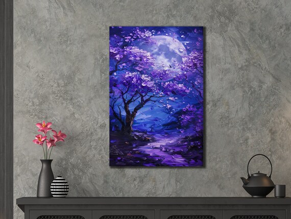 Treemoon Oil Painting Full Moon Print Purpletree Wall Art Modern Wall Decor Pink Tree Art Home Giftscanvas