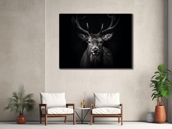 Black White Stag Antlers Dark Moody Wildlife Portrait Wall Art