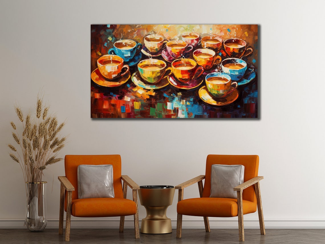 Rows Of Colorful Coffee Cups Impasto Kitchen Decor Painting Poster - Image 2