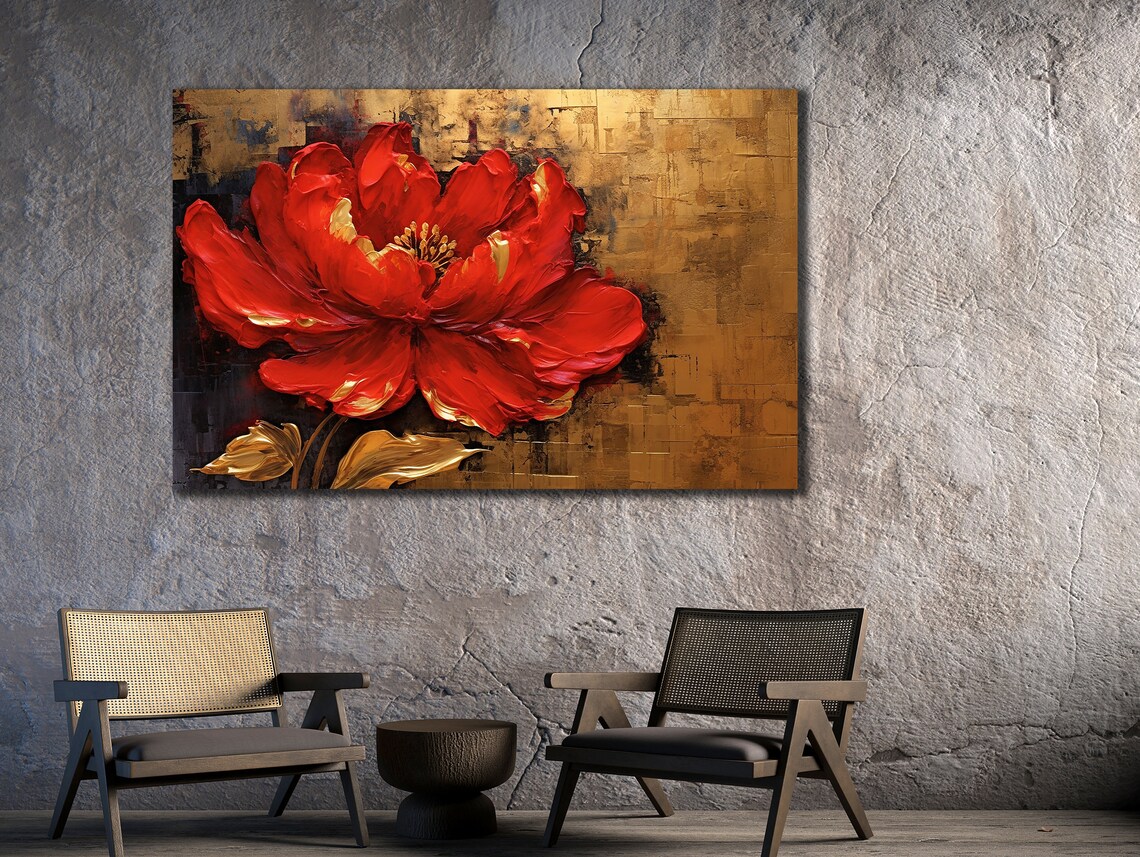 Red Peony Gold Textured Background Luxe Floral Oil Art Poster