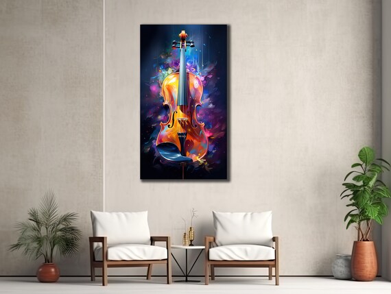 Glowing Violin Abstract Colorful Purple Blue Music Instrument Wall Print