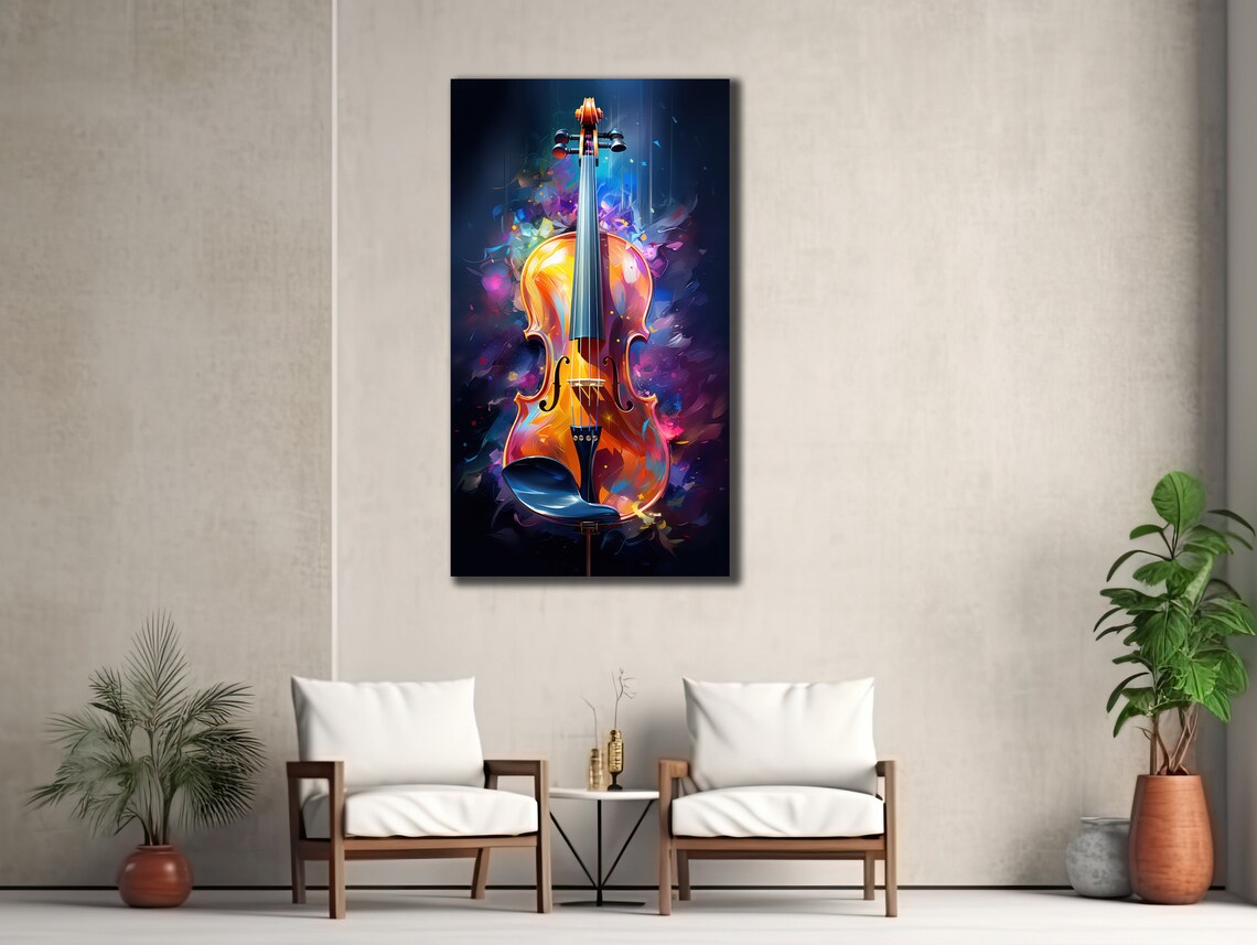 Glowing Violin Abstract Colorful Purple Blue Music Instrument Wall Print