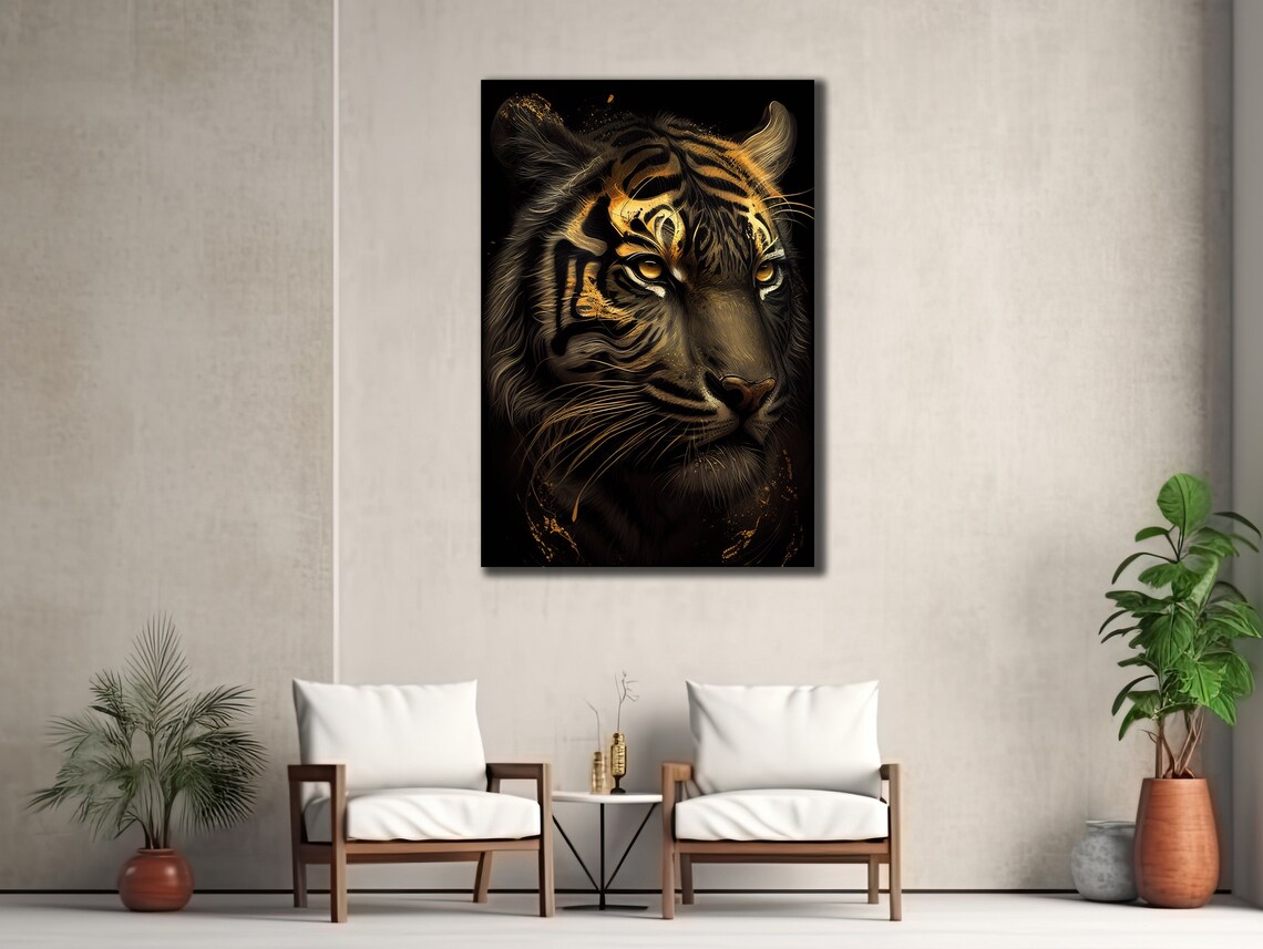 Golden Tiger Portrait on Black Background Dramatic Wildlife Wall Art Poster - Image 3
