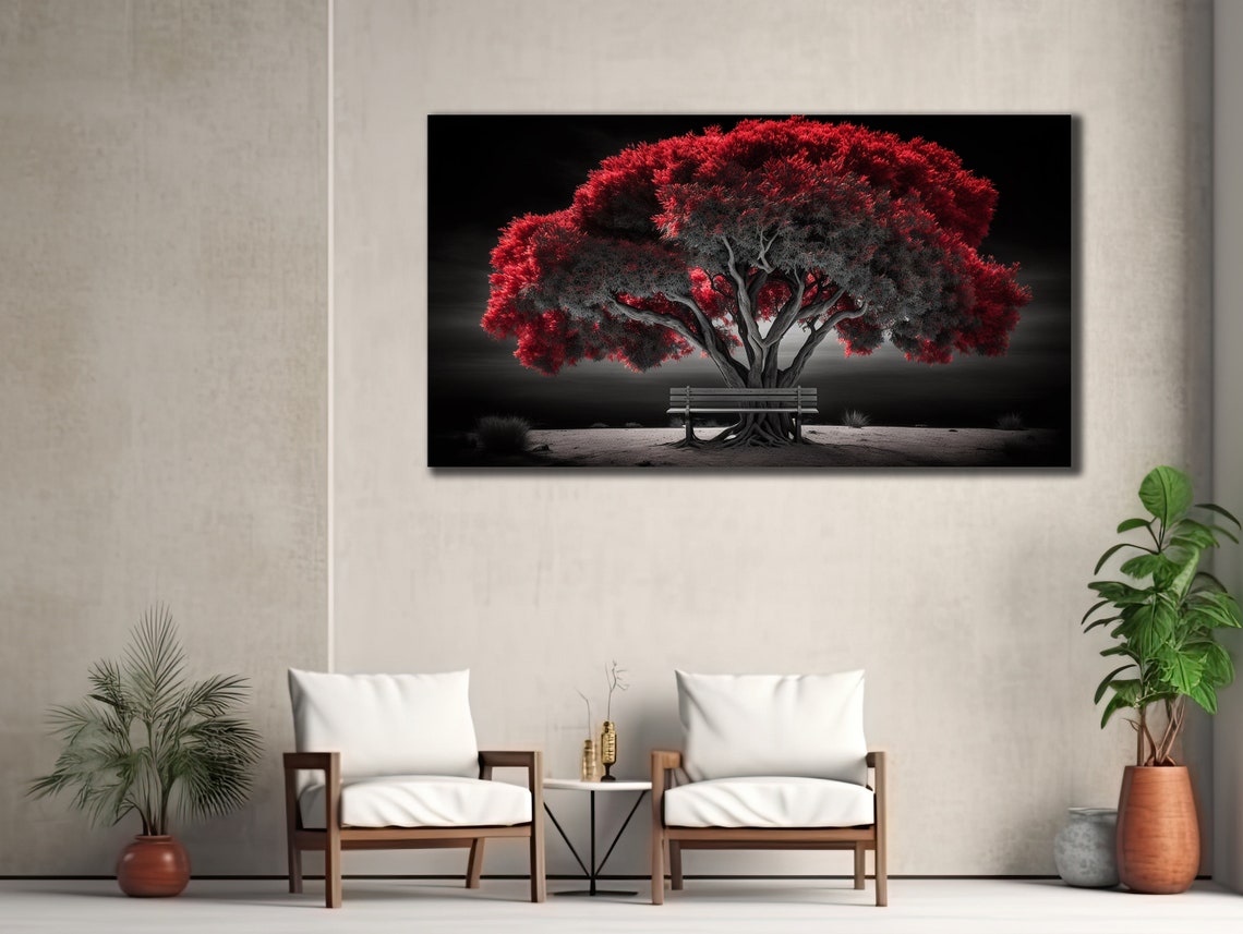 Red Tree Black Background Dramatic Bench Landscape Nature Art Poster - Image 3