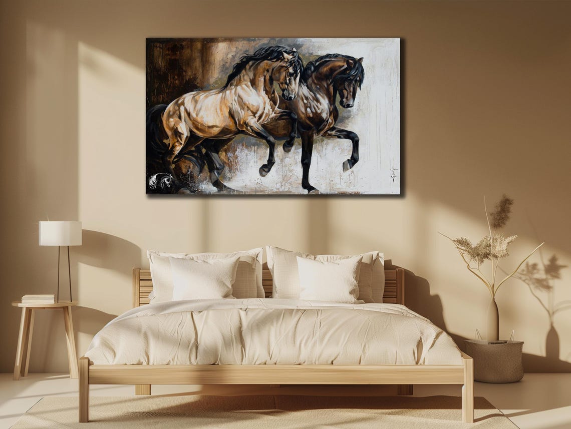 Two Wild Horses Galloping Side by Side Dynamic Equine Power Art Poster
