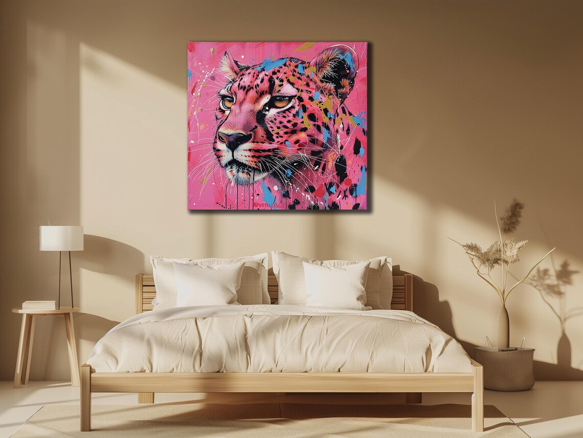 Pink Leopard Face Pop Art Graffiti Paint Splatter Big Cat Wall Art Print Poster - Image 3