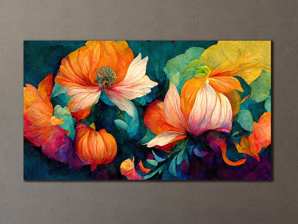 Orange Poppy Flowers Teal Background Floral Oil Painting Wall Art - Image 3