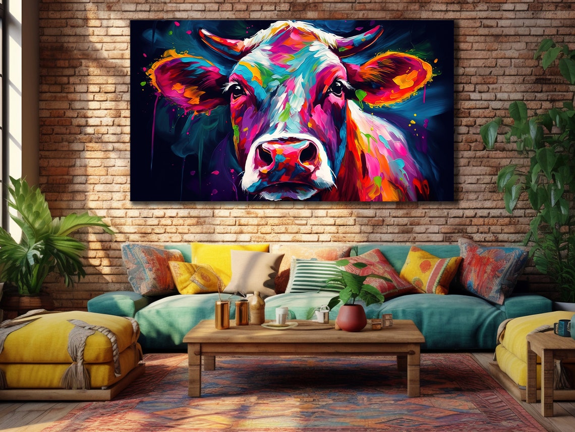 Colorful Cow Printing Cow Wall Decor Abstract Animal Wall Art Painting On Colorful Animal Art Farmhouse For Gifts