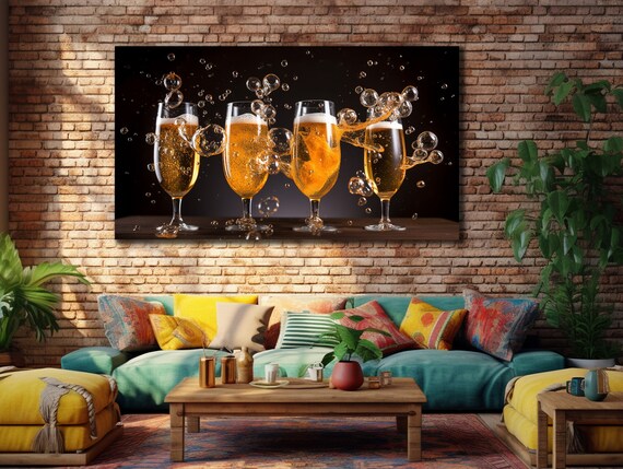 Four Beer Glasses Splashing Bubbles Black Background Kitchen Poster