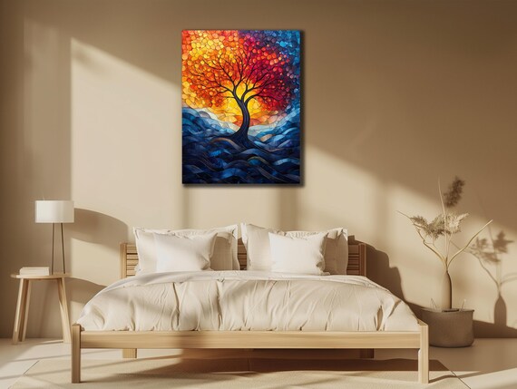 Tree Painting On Yggdrasil Wall Art Nature Wall Decor Stained Glass Effect Poster Ready To Hang Printing Mythology Gift