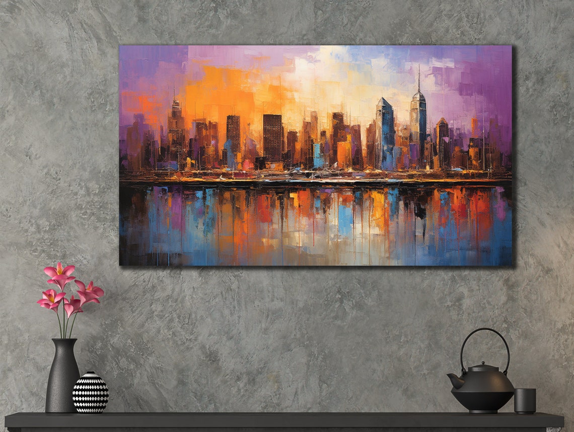Abstract City Skyline Sunset Reflection Waterfront Colors Art Poster - Image 2