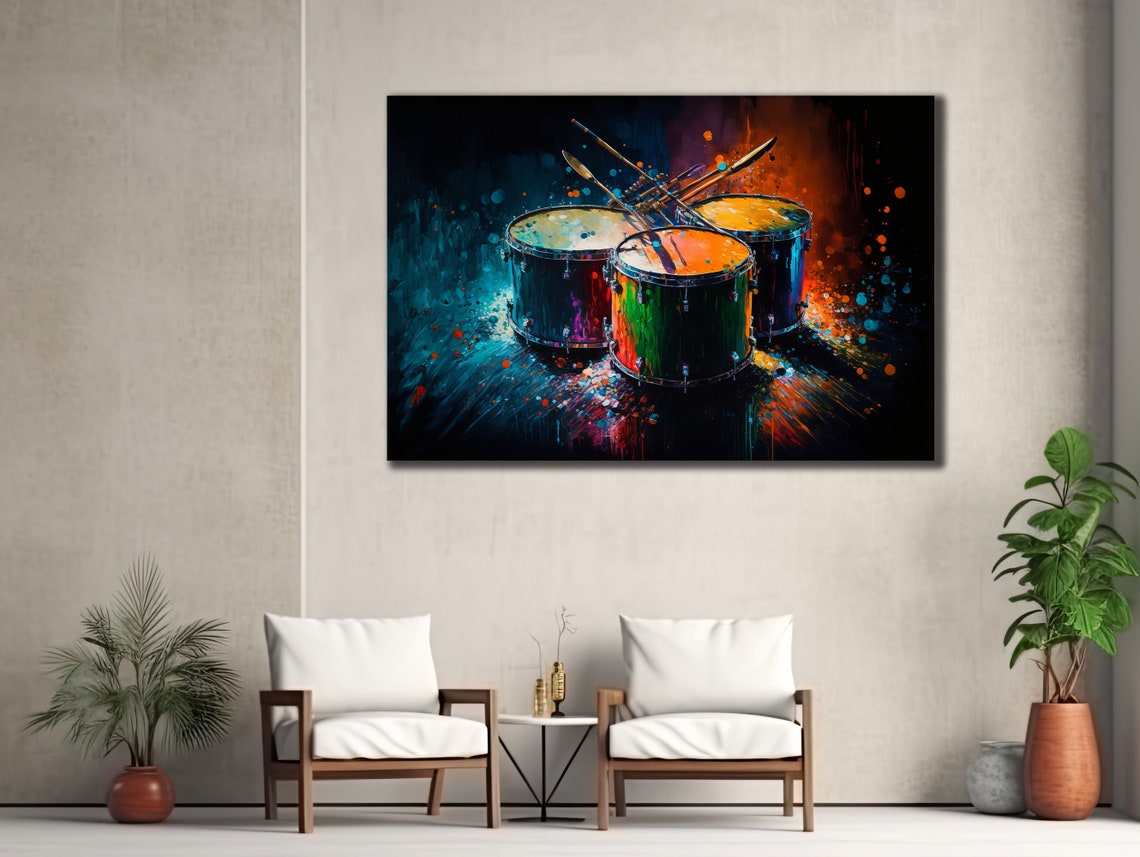 Colorful Neon Drums Crossed Drumsticks Paint Splash Music Poster - Image 2